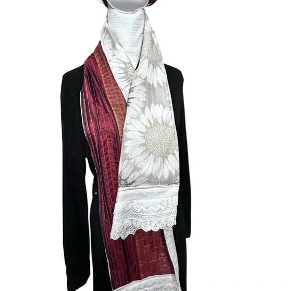 Artisan Reversible Handmade Scarf Lace Trim Sunflower + Red Gold Boho Wrap